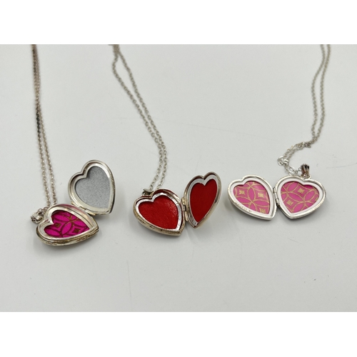 2043 - Three sterling silver heart shaped locket pendant necklaces - approx. gross weight 16.62g