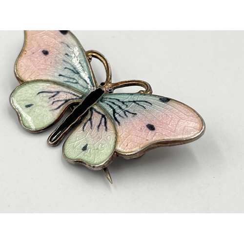 2068 - A Norwegian Olaf Fritjof Hjortdahl .925 sterling silver and guilloche enamel butterfly brooch