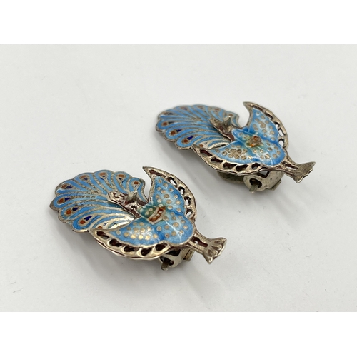 2069 - A pair of Thai Siam sterling silver and enamel peacock clip on  earrings