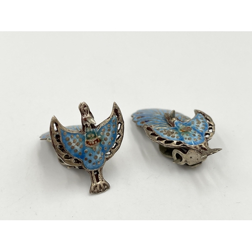 2069 - A pair of Thai Siam sterling silver and enamel peacock clip on  earrings