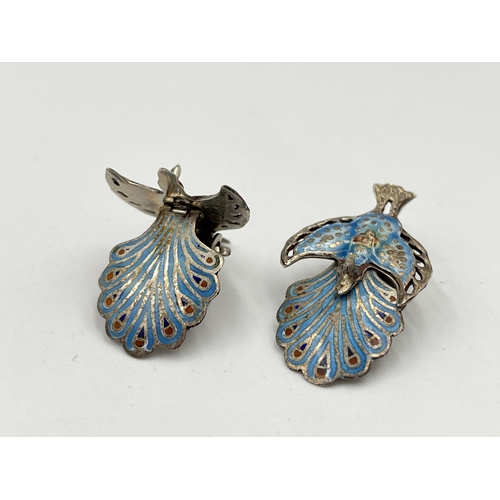 2069 - A pair of Thai Siam sterling silver and enamel peacock clip on  earrings