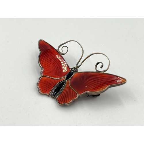 2070 - A Norwegian David Andersen .925 sterling silver and guilloche enamel butterfly brooch