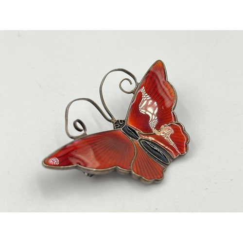 2070 - A Norwegian David Andersen .925 sterling silver and guilloche enamel butterfly brooch