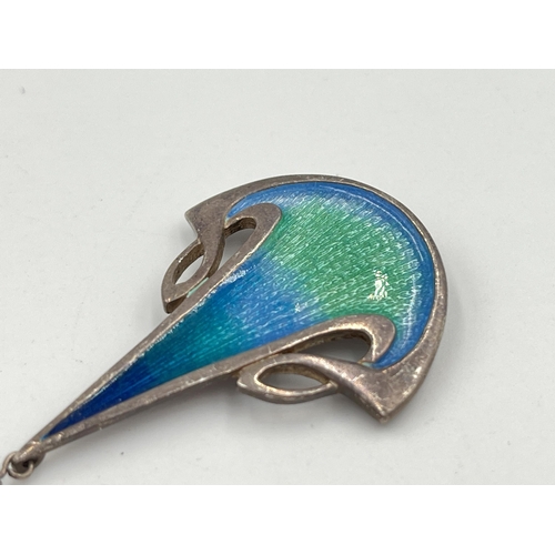 2075 - A Malcolm Gray hallmarked Edinburgh silver, guilloche enamel and pearl pendant, dated 1992