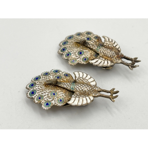 2076 - A pair of Thai Siam silver and enamel peacock earrings