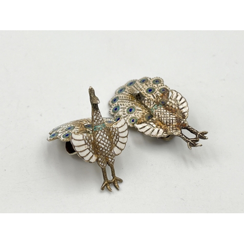 2076 - A pair of Thai Siam silver and enamel peacock earrings