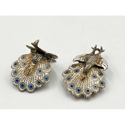 2076 - A pair of Thai Siam silver and enamel peacock earrings