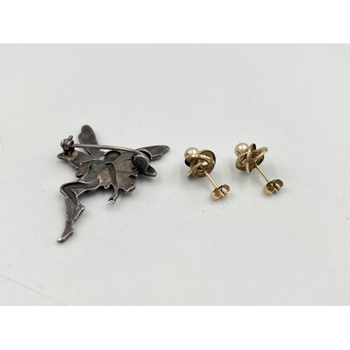 2078 - Two pieces of jewellery, one pair of 9ct gold pearl earrings and one .925 silver fairy brooch - appr... 