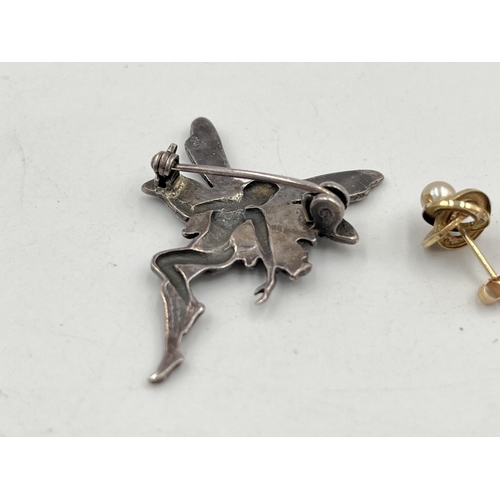 2078 - Two pieces of jewellery, one pair of 9ct gold pearl earrings and one .925 silver fairy brooch - appr... 