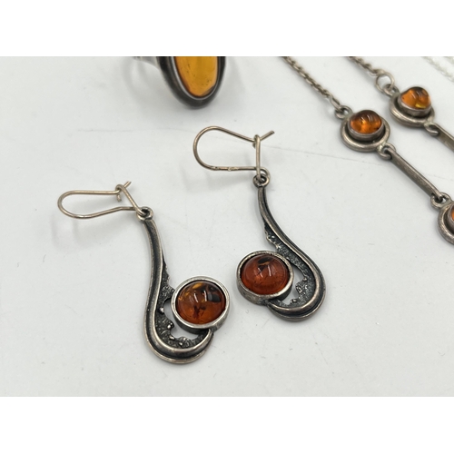 2083 - Five pieces of .925 silver and amber jewellery, three necklaces, one ring and one pair of earrings