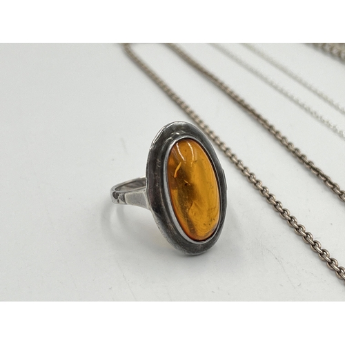 2083 - Five pieces of .925 silver and amber jewellery, three necklaces, one ring and one pair of earrings