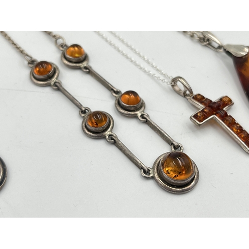 2083 - Five pieces of .925 silver and amber jewellery, three necklaces, one ring and one pair of earrings