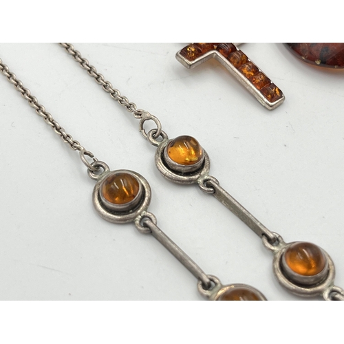 2083 - Five pieces of .925 silver and amber jewellery, three necklaces, one ring and one pair of earrings