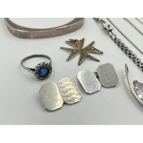 2085 - Eleven pieces of .925 silver and white metal jewellery to include two pairs of hallmarked Birmingham... 