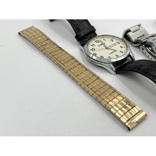 2087 - Four watches and one wristwatch movement and dial to include Timex pocket watch, Record, mid 20th ce... 