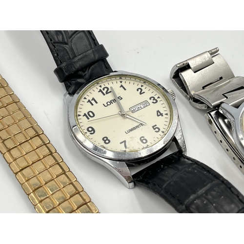 2087 - Four watches and one wristwatch movement and dial to include Timex pocket watch, Record, mid 20th ce... 