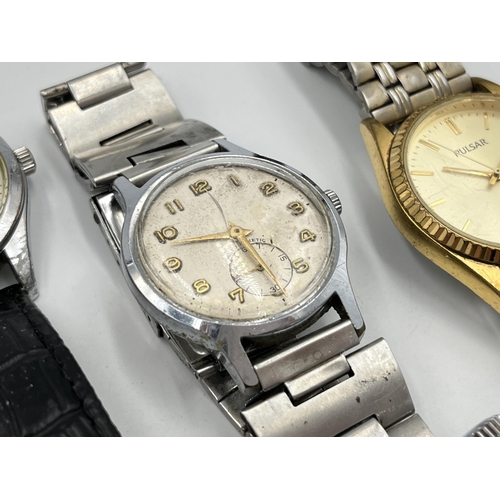 2087 - Four watches and one wristwatch movement and dial to include Timex pocket watch, Record, mid 20th ce... 