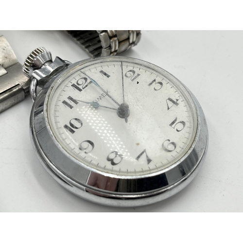 2087 - Four watches and one wristwatch movement and dial to include Timex pocket watch, Record, mid 20th ce... 