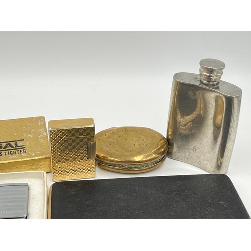 2110 - A collection of items to include Victorian brass snuff box, Hadson Silk Cut advertising lighter, Col... 