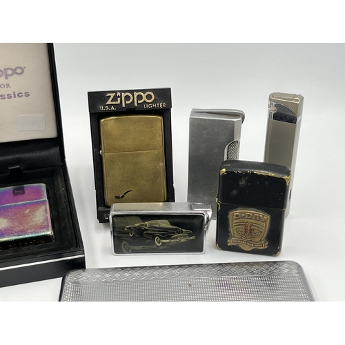 2116 - A collection of tobacciana to include four Zippo lighters, Ronson Benson & Hedges advertising lighte... 