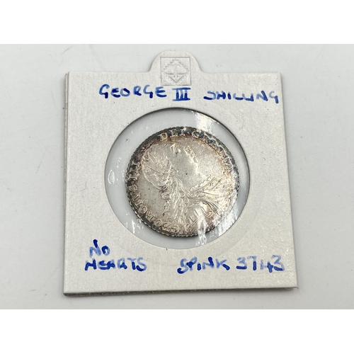 2187 - A 92.5% silver 1787 shilling (stop above head, stops by date, no semée of hearts, Spink 3743)