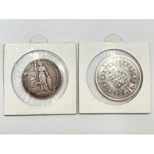 2188 - Two 92.5% British coins, one 1823 ½ crown and one 1904 florin