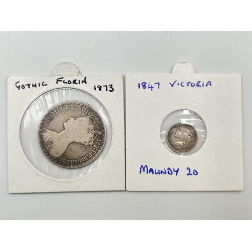 2190 - Two 92.5% silver Victorian coins, one 1873 florin and one 1847 twopence (maundy issue)