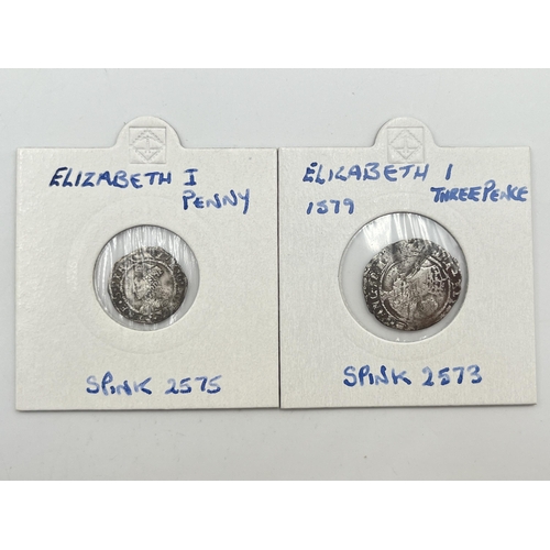 2192 - Two hammered silver Elizabeth I coins, one 1579 three pence (Spink 2573) and one penny (Spink 2575)