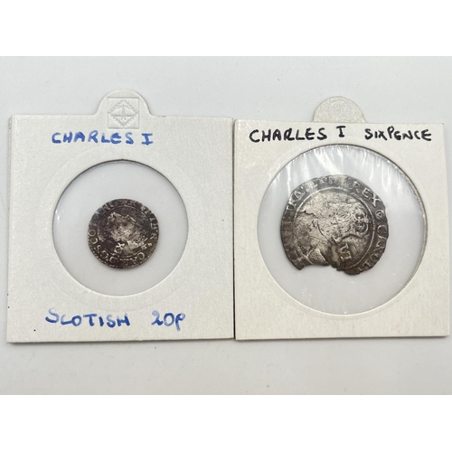 2193 - Two hammered silver Charles I Scottish coins, one twenty pence and one six shillings