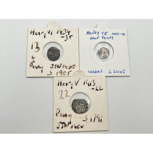 2194 - Three medieval hammered silver coins, one Henry V penny (York mint, Spink 1791), one Henry VI ½ penn... 