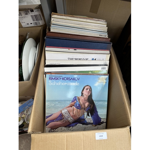 1008 - Seven boxes containing Rimsky-Korsakov Scheherazade vinyl record, treenware, Poole Pottery part tea ... 