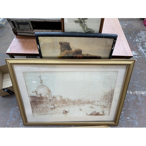 1009 - A collection of framed pictures and prints to include Tombleson's panoramic map of the Thames and Me... 