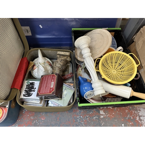 1014 - Seven boxes containing Spode English Lavender tea set, ceramics, wicker basket, vintage travel cases... 