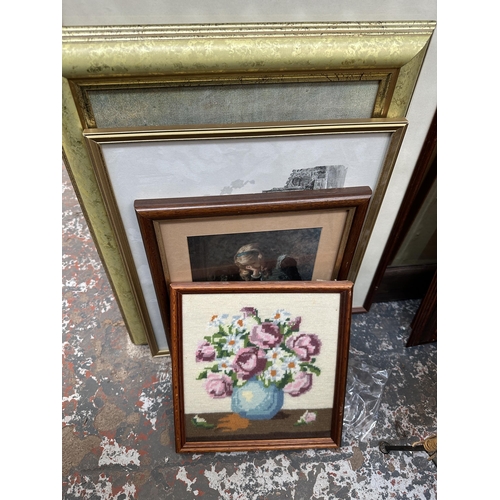 1015 - A collection items to include framed pictures and prints, wicker picnic basket and wicker and wrough... 