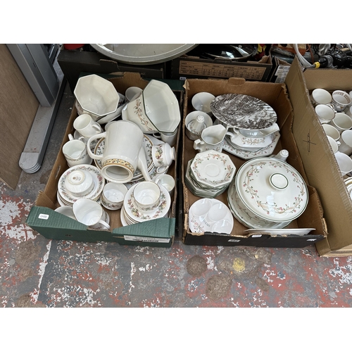 1017 - Four boxes containing ceramics to include Johnson Brothers Eternal Bow dinner service, Paragon Belin... 