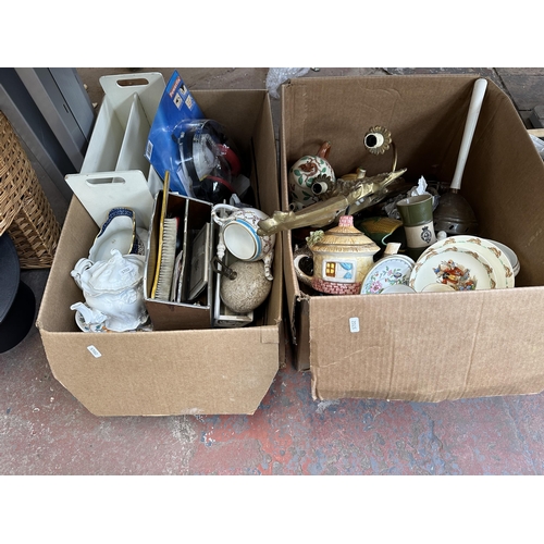 1030 - Four boxes containing wicker sewing basket, silver plated ware, electricals, gilded two branch wall ... 