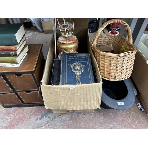 1031 - Five boxes containing Allibert top hat shaped bin, Lakeland Limited stair basket, pre 20th century R... 