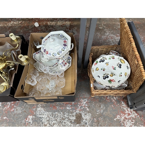 1046 - Three boxes and a wicker basket containing cut crystal glassware, Colclough tea set, brass effect si... 