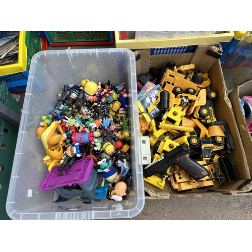 996 - Three boxes containing a large collection of toys to include action figurines, model vehicles, child... 