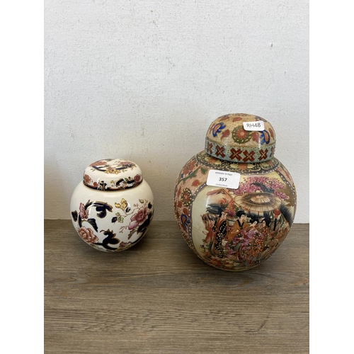 357 - Nine vases and ginger jars to include Oriental Satsuma, Mason's Mandalay, Crown Staffordshire Kowloo... 