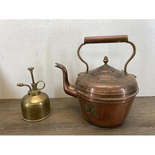 362 - A collection of items to include Victorian copper kettle, Aynsley Pembroke trinket box, Wedgwood Mir... 