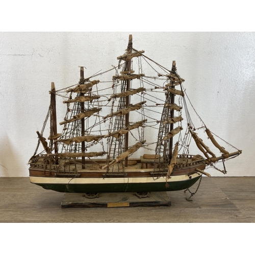 402 - Six wooden models to include Clipper Ship - approx. 40cm high etc.