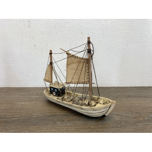 402 - Six wooden models to include Clipper Ship - approx. 40cm high etc.