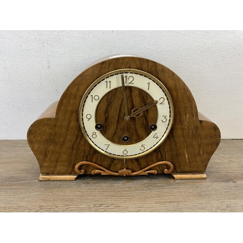 485 - Two mid 20th century chiming mantel clocks, one Smiths oak cased and one H. A. C. walnut cased - lar... 