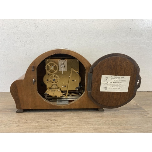 485 - Two mid 20th century chiming mantel clocks, one Smiths oak cased and one H. A. C. walnut cased - lar... 