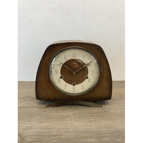 485 - Two mid 20th century chiming mantel clocks, one Smiths oak cased and one H. A. C. walnut cased - lar... 