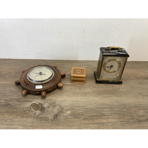 488 - Six items to include boxed H. Samuel hip flask, Shortland Smiths oak cased barometer, late 19th/earl... 