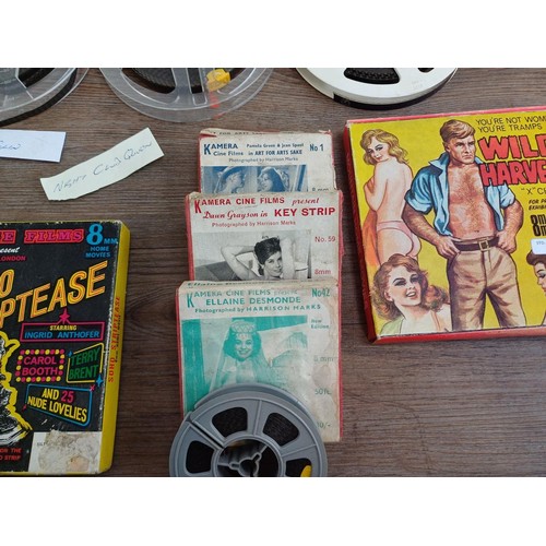 579 - A collection of adult and X-Cert 8mm cine film reels to include Soho Striptease, Wild Harvest, Dawn ... 