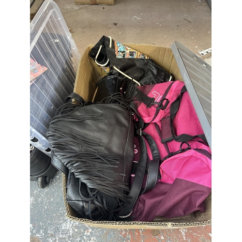 1035 - A box containing leather handbags, Fila, duffle bag etc.