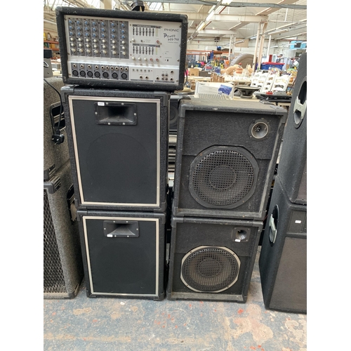 695 - Three items, two pairs of PA speakers and one Phonic power pod 740 powered mixer